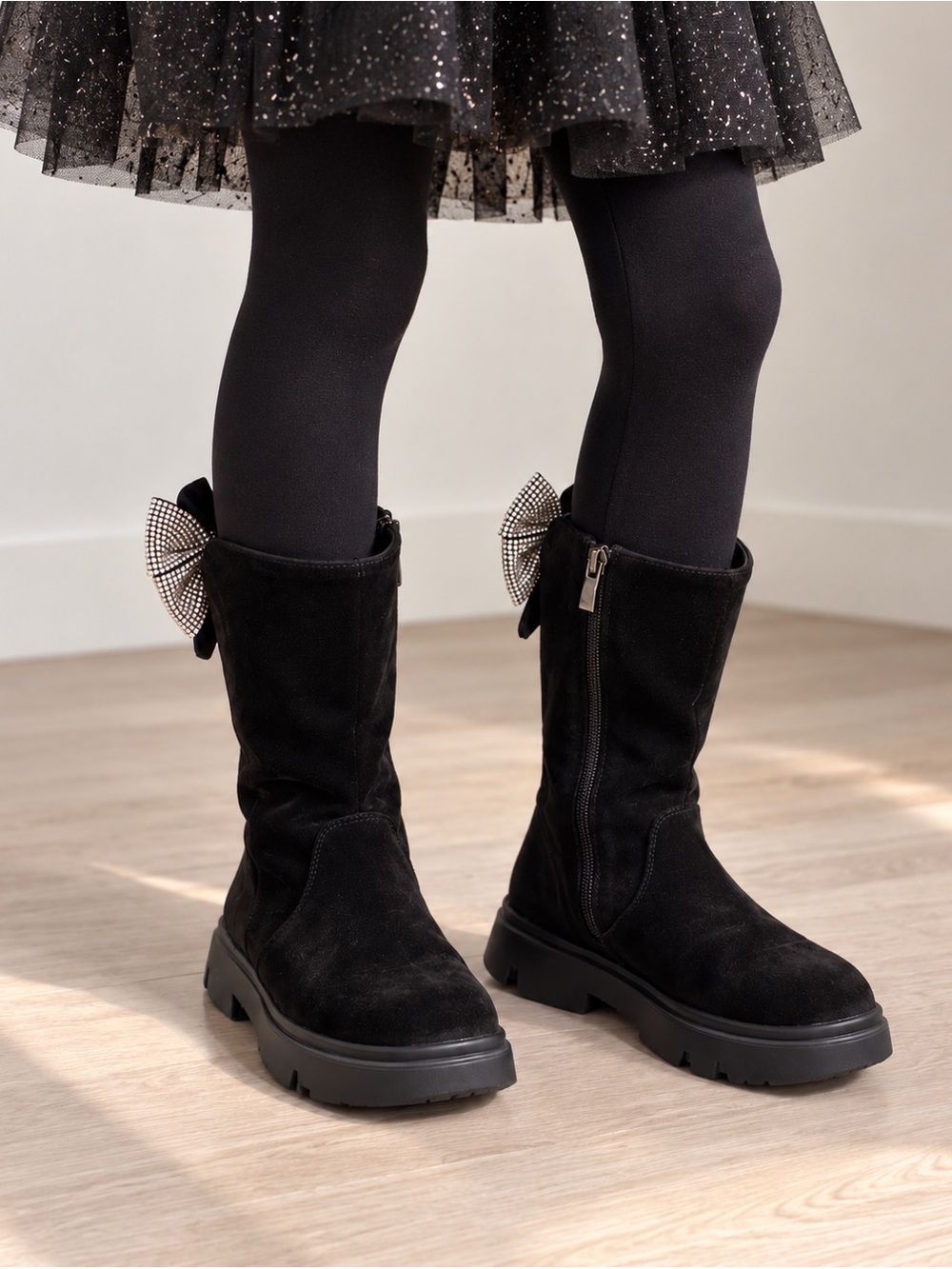 Girls' Black Suede-Look Mid-Calf Boots with Rhinestone Bow ~ Size 10.5-11